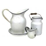 6 Pcs White Enamelware Pitcher, Bowl, Candleholder