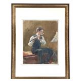 Otto Stark Signed Watercolor Young Flute Player 98