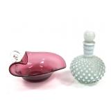 Cranberry Glass Nappy, Fenton Opalescent Bottle