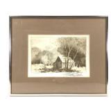 W. Parke Signed Etching Distressed Wood, Framed