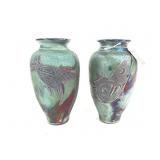 2 Iridescent Pottery Vases w/ N.A. Motifs