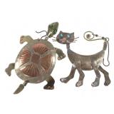 Whimsical Mixed Metal Cat & Turtle Ornaments