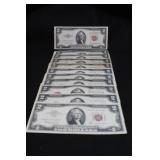 Lot of 11 $2 Red Seal Bank Notes