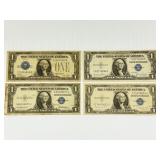 4 US 1928-1935 One Dollar Blue Seal Banknotes