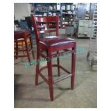 8X, HI-TOP WOOD BAR STOOLS W/ MAROON SEATS