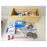 Wood Box of Misc. Light Bulbs, Cords, Power Strip