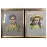 2pc Signed Vintage Original Portrait Paintings