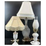 3pc Vintage Glass & Porcelain Table Lamps