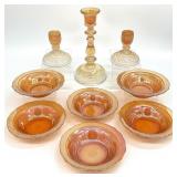 9pc Iridescent Marigold Carnival Glass