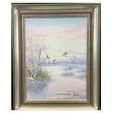 Signed Ducks Over Pond Oil on Canvas Painting