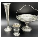 3pc Weighted Sterling Compote Basket & Vases