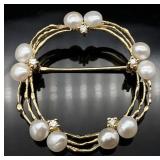 Mikimoto 14K Gold Pearl & Diamond Brooch