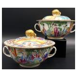 2 Chinese Export Rose Mandarin Lidded Soup Bowls