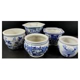 5pc Small Blue & White Asian Planters