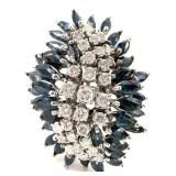 14K White Gold Diamond Sapphire Cluster Ring Sz 6