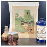 Antique Lithograph, Bottle & 2pc Pottery