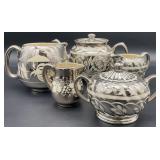 5pc English Silver & White Tea Pot & More