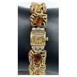 14K Diamond Citrine Art Deco Watch, Signed