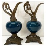 Pair Decorative Porcelain/Metal Mantel Urns