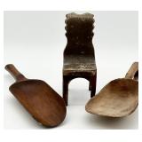 3pc Antique Wood Kitchen Scoops & Dollhouse Chair