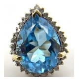 14K Gold Blue Topaz & Diamond Ring, Sz 5.5