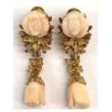 14K Gold Rose Carved Coral Earrings