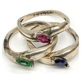 3 Sterling Silver Birthstone Stacking Rings, Sz 6