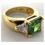 Gold Tone Sterling Green & Clear Stone Ring