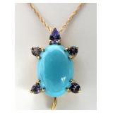 14K Gold Turquoise & Gemstone Turtle Necklace