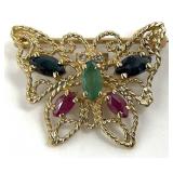 10K Gold Gemstone & Diamond Butterfly Brooch