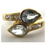 Gold Tone Sterling Light Blue & Clear Stone Ring