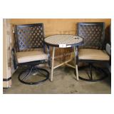 2 blk metal chairs w cushions and round ceramic