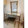 Antiqued gold vanity table with mirror, glass top