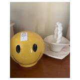 Yellow smiley face coin bank, vintage basket and
