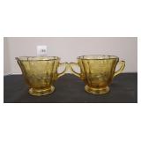 Green glass creamer, and sugar dish