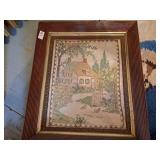 Vintage Needlework Yard Scene Framed Under Glass