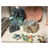 Garden frogs, hummingbird magnets, ceramic sun