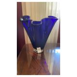 Ruffled cobalt blue vase- 9 inches h