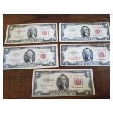 5 1953- 1963 Red Seal two dollar bills