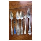 5-Antique sterling forks, small one is enameled