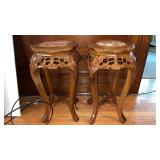 2 Marble Top Carved Wood End Tables 2ft Tall