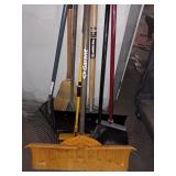 Garant snow shovel,three brooms,two rakes,car