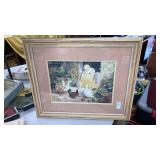 Framed vintage print child feeding chickens ducks