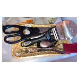 Cheese slicer, kitchen scissors, peeler brush