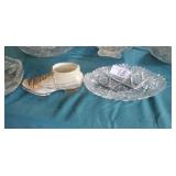 3 glass dishes and glass shoe