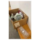 Box of assorted items, plates, fans, ceiling