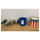 Blue enamelware mug, American mug & tea leaf