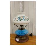 Vintage hurricane lamp- blue glass base & floral