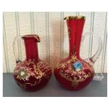 Bohemian Moser Art Crystal Red Pitchers Gold Ename