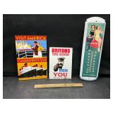 2 heavy metal signs and thermometer